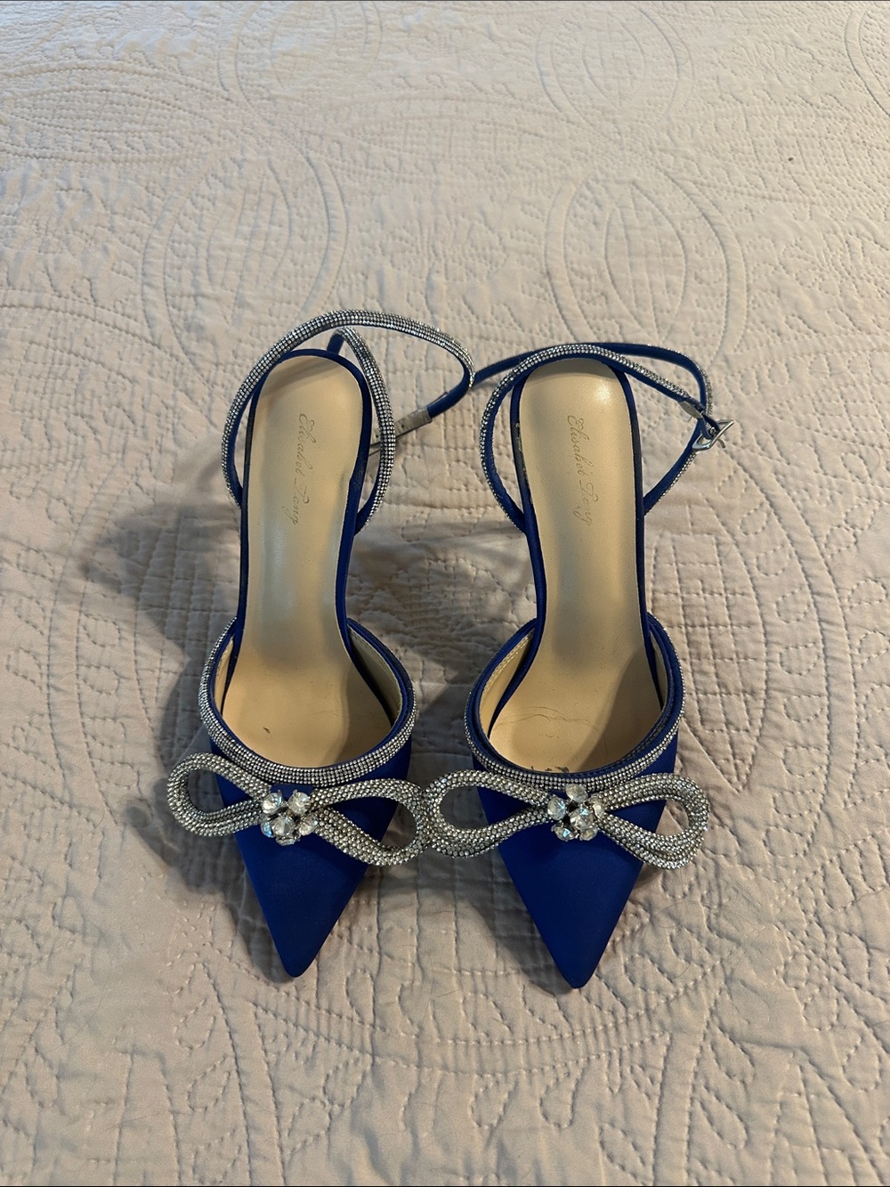 Blue Pointed-Toe Rhinestone Slingback Heels